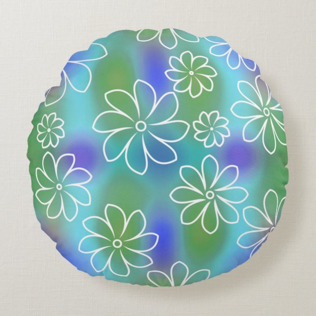 Blue and Green Seamless Floral Pattern  Throw Pill Round Cushion (Front)