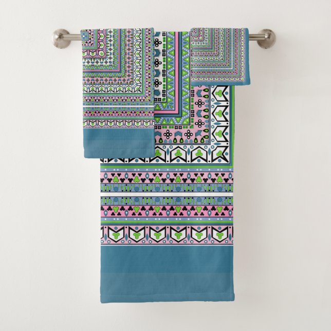 Blue and green square ethnic ornament scarf bath towel set (Insitu)
