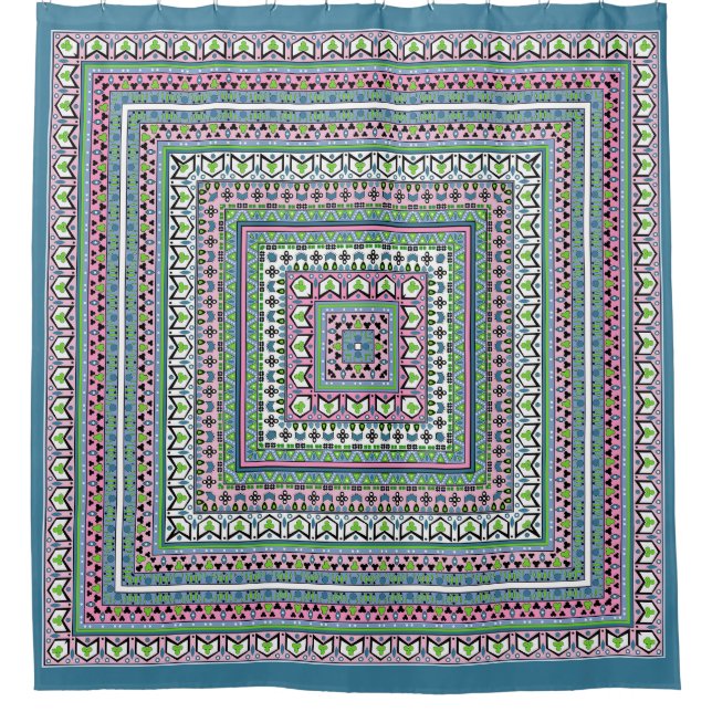 Blue and green square ethnic ornament scarf shower curtain (Front)
