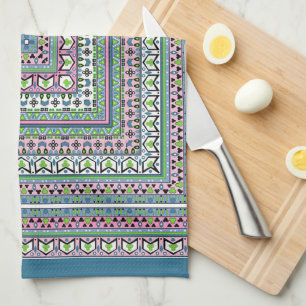 Blue and green square ethnic ornament scarf tea towel
