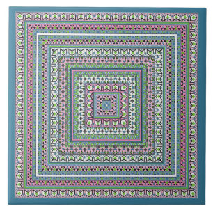 Blue and green square ethnic ornament scarf tile