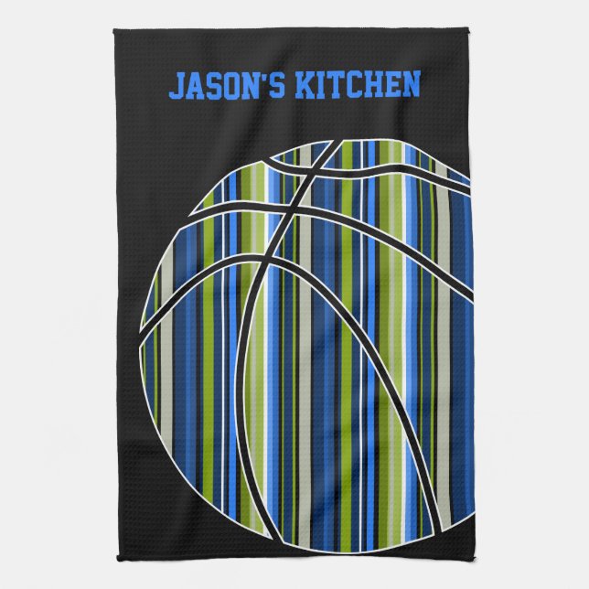 Blue and Green Striped Basketball Design on Black Tea Towel (Vertical)