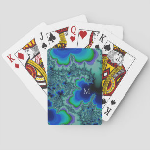 Blue and Green Striped Fractal Oysters Monogram Playing Cards