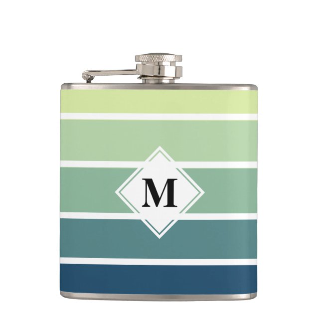 Blue and Green Striped Monogram Hip Flask (Front)