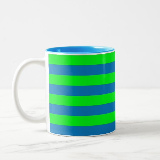 Blue and Green Stripes Design Two-Tone Coffee Mug (Left)