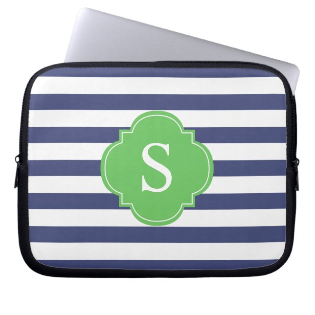 Blue and Green Stripes Monogram Laptop Sleeve (Front)