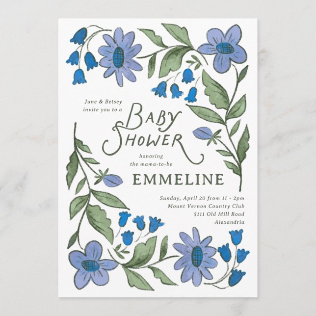 Blue and Green Sweet Country Floral Baby Shower Invitation (Front)