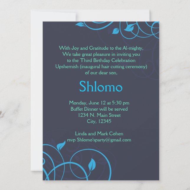 Blue and green swirls invitation (Front)