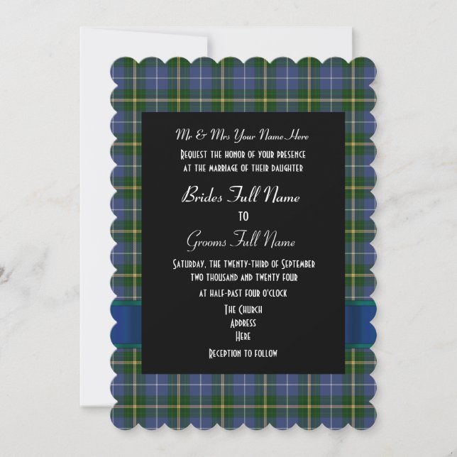 Blue and green tartan plaid formal wedding invitation (Front)