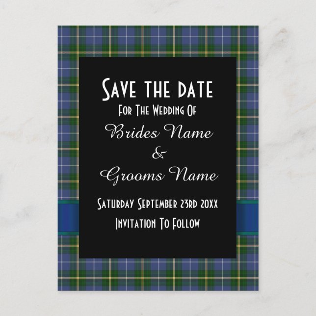 Blue and green tartan plaid save the date announcement postcard (Front)