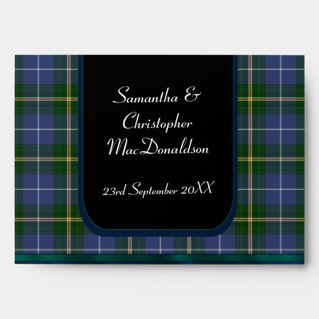Blue and green tartan plaid wedding envelopes (Front)