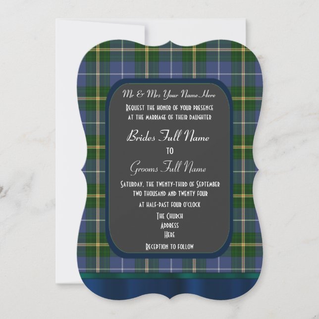 Blue and green tartan plaid wedding invitation (Front)