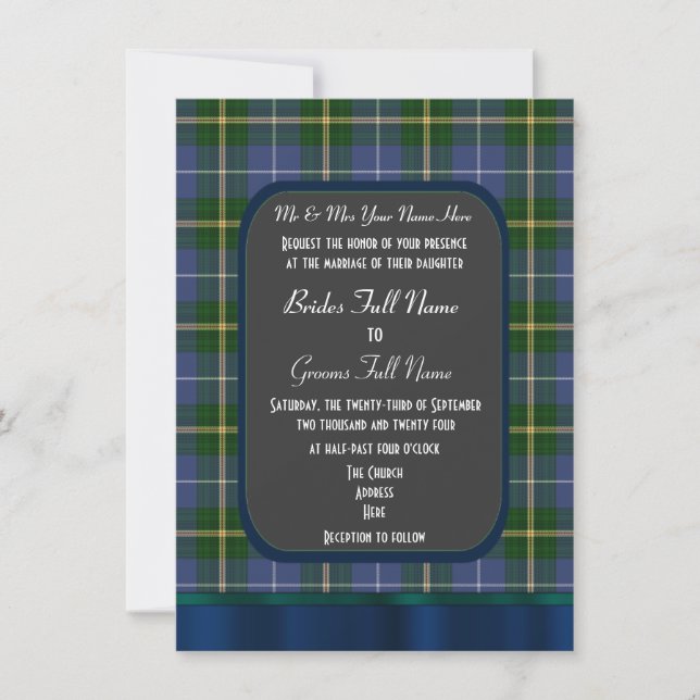 Blue and green tartan plaid wedding invitation (Front)