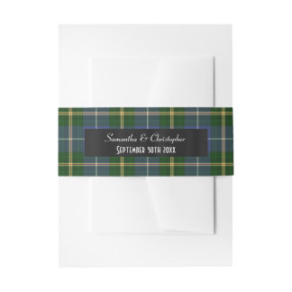 Blue and green tartan plaid wedding invitation belly band