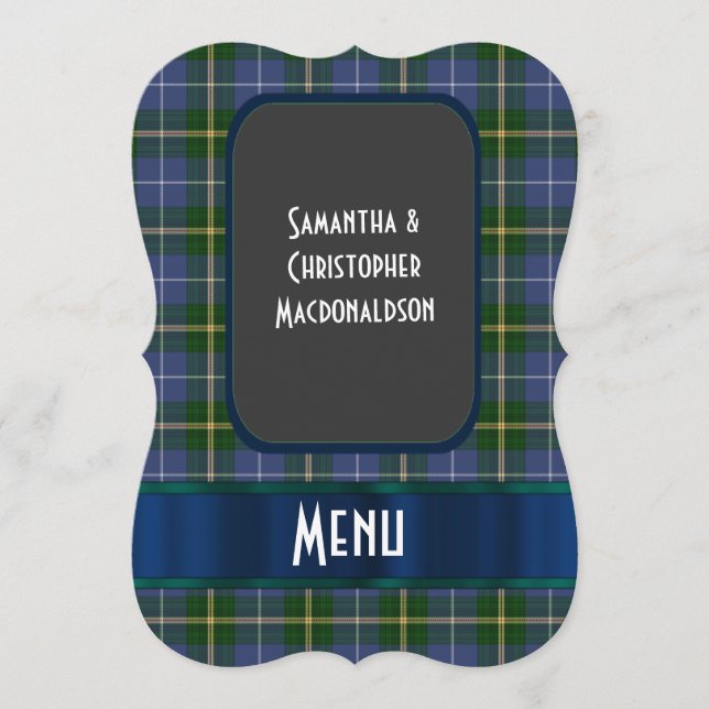Blue and green tartan plaid wedding menu (Front)
