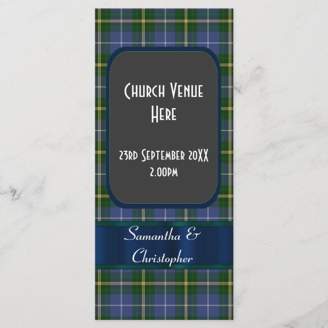 Blue and green tartan plaid wedding program programme (Front)