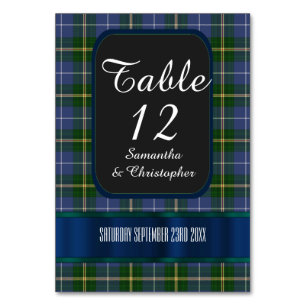 Blue and green tartan plaid wedding table number