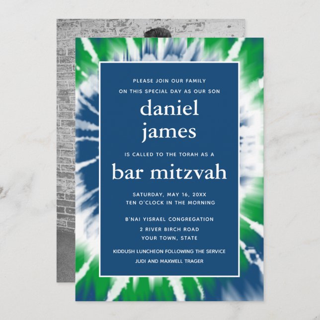 Blue and Green Tie Dye Bar Mitzvah Single Photo Invitation (Front/Back)