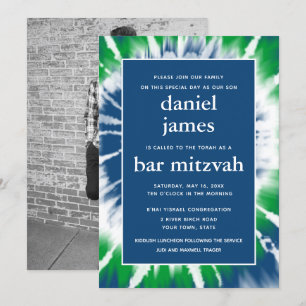 Blue and Green Tie Dye Bar Mitzvah Single Photo Invitation