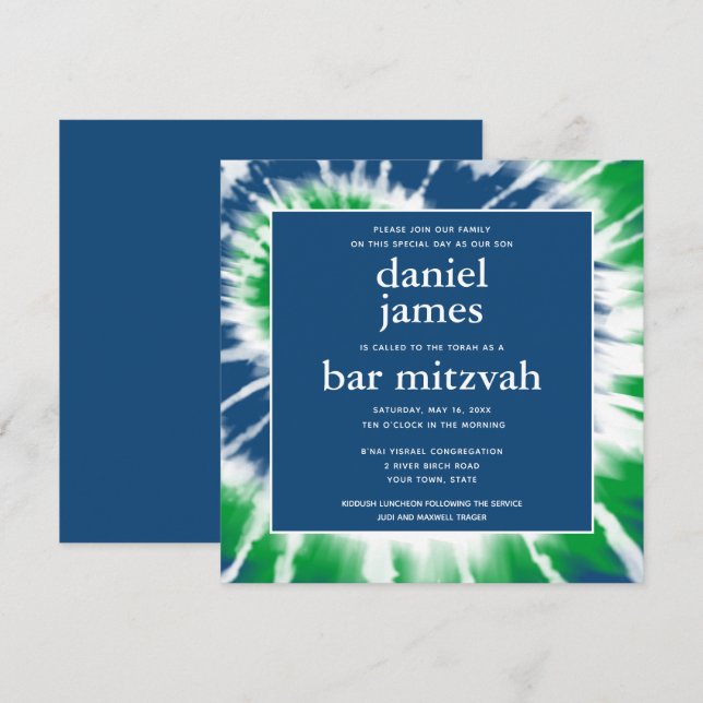 Blue and Green Tie Dye Bar Mitzvah Square Invitation (Front/Back)