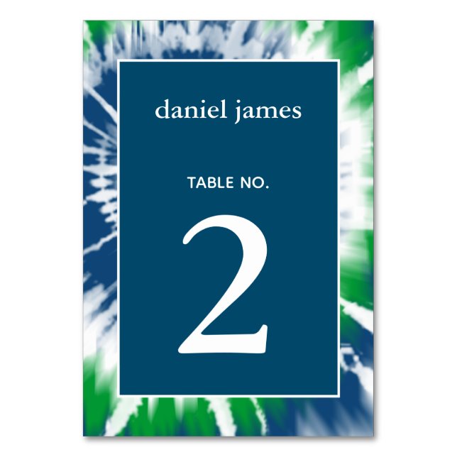 Blue and Green Tie Dye Personalised Table Number (Front)