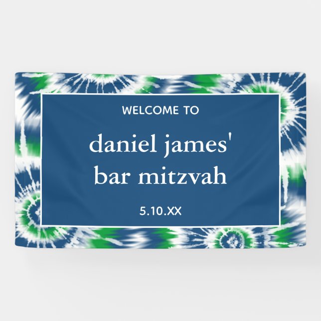 Blue and Green Tie Dye Personalised Welcome Party Banner (Horizontal)