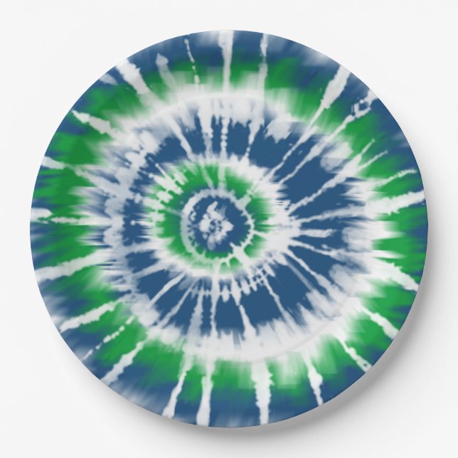 Blue and Green Tie Dye Spiral Party Plate (Front)
