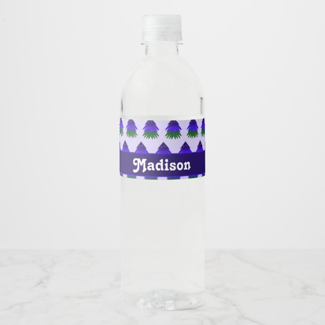 Blue and green trees pattern water bottle label (Front)