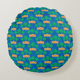 Blue and Green Tribal Green Sea Turtles Round Cushion