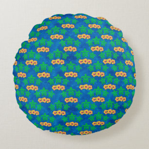 Blue and Green Tribal Green Sea Turtles Round Cushion