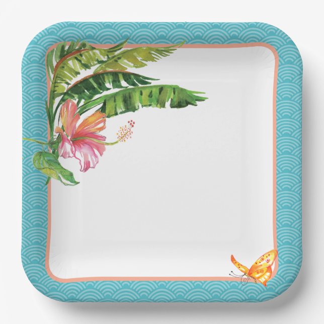 Blue and Green Tropical Leaves Floral Paper Plate (Front)