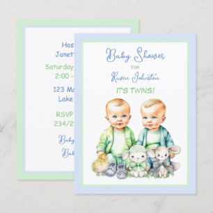 Blue and Green Twin Boys Baby Shower Invitations