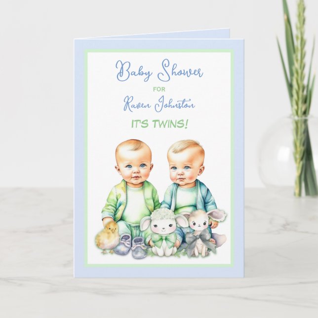 Blue and Green Twin Boys Baby Shower Invitations (Front)