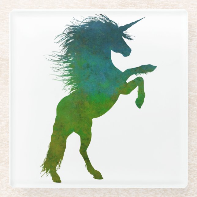 Blue and Green Unicorn Glass Coaster (Front)