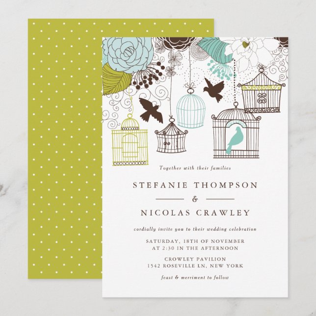 Blue and Green Vintage Birdcages Floral Wedding Invitation (Front/Back)