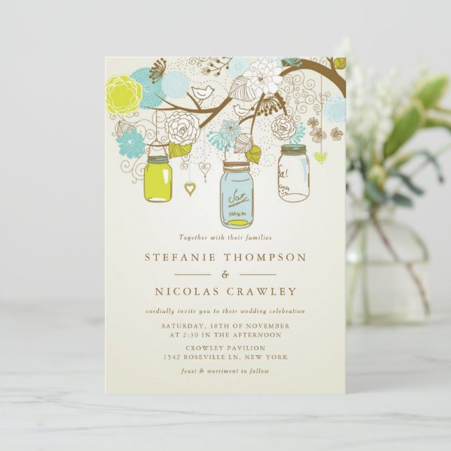 Blue and Green Vintage Mason Jars Wedding Invitation (Standing Front)