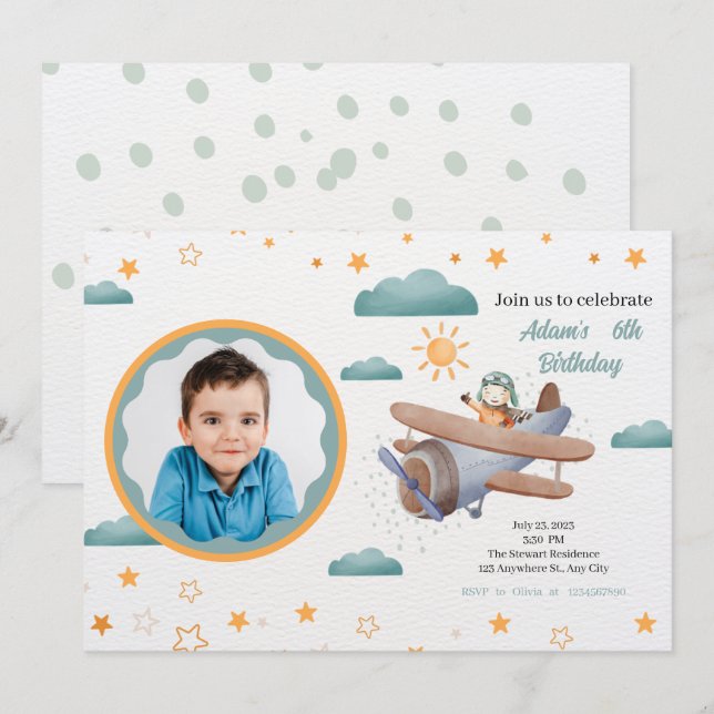 Blue and Green Watercolor Aeroplane birthday Invitation (Front/Back)