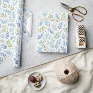 Blue and green watercolor botanical leaf pattern wrapping paper