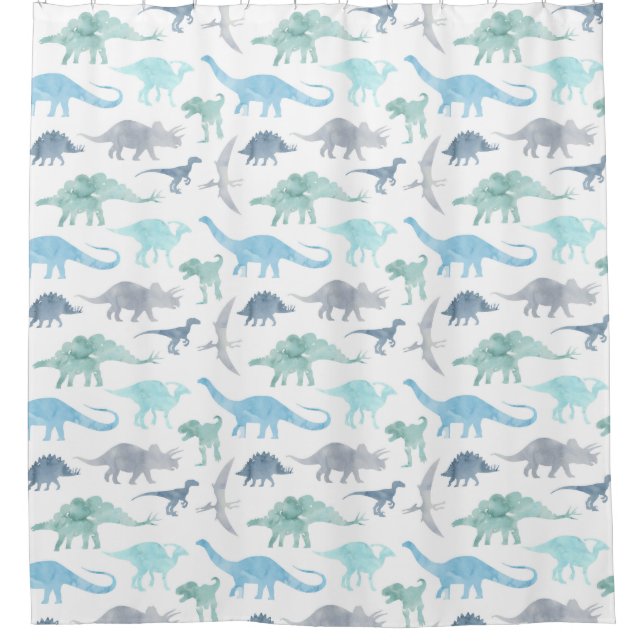 Blue and Green Watercolor Dinosaurs  Shower Curtain (Front)