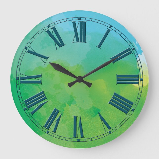 Blue and Green Watercolor Effect Large Clock (Front)