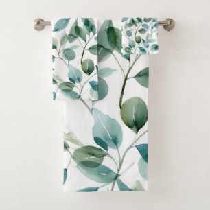 Blue and Green Watercolor Eucalyptus Plants Bath Towel Set