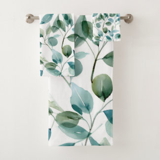 Blue and Green Watercolor Eucalyptus Plants Bath Towel Set