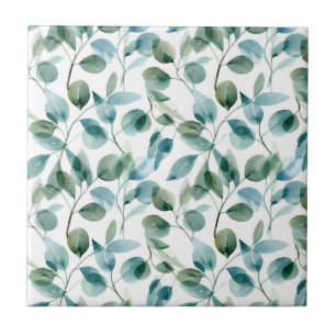 Blue and Green Watercolor Eucalyptus Plants Tile