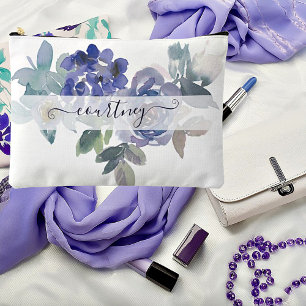 Blue and green watercolor floral personalised accessory pouch