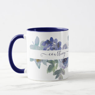 Blue and green watercolor floral personalised mug