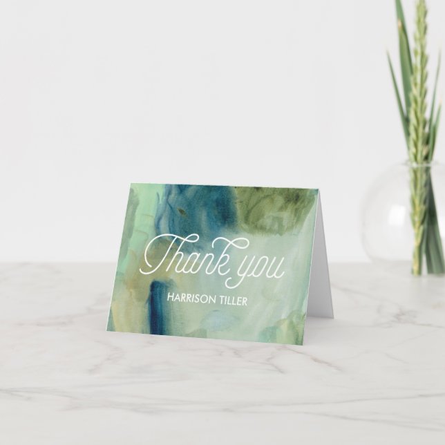 Blue and Green Watercolor Folding Thank You Card (Front)