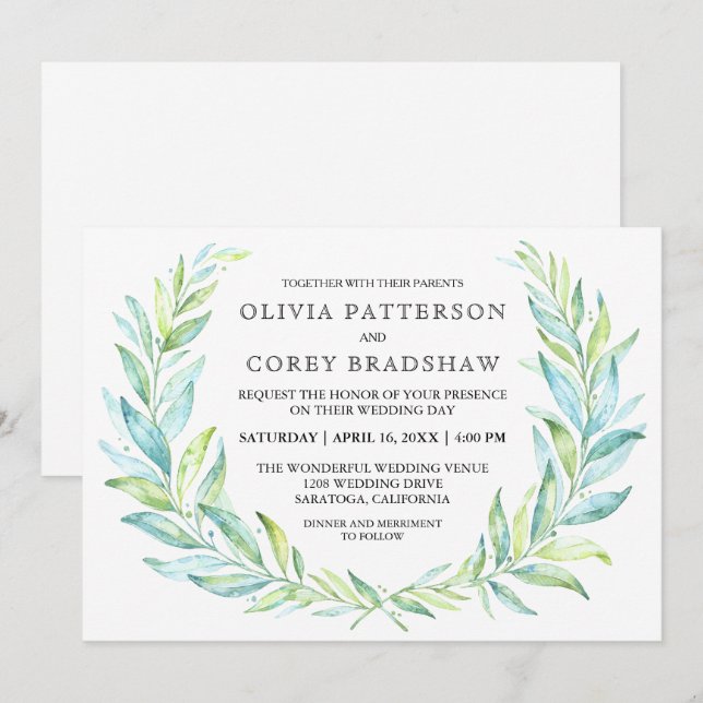 Blue and Green Watercolor Laurel Wreath Wedding Invitation (Front/Back)