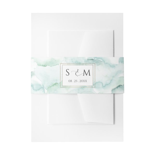 Blue and Green Watercolor Wedding Initials Invitation Belly Band (Front Example)