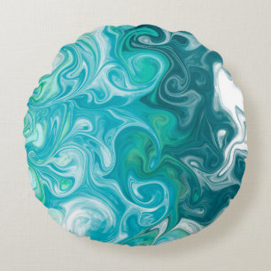 Blue and Green Waves Digital Fluid Art    Round Cushion