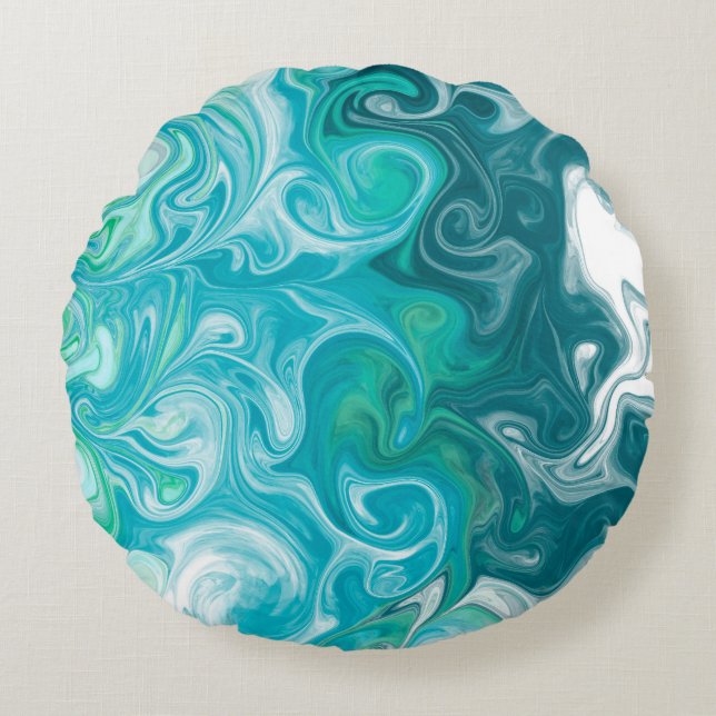 Blue and Green Waves Digital Fluid Art    Round Cushion (Front)